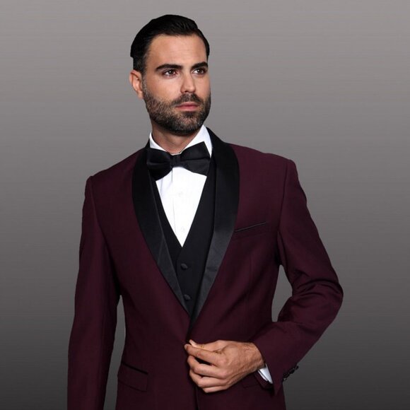 Mens 1 Button Shawl Lapel Wool Dinner Jacket in Burgundy